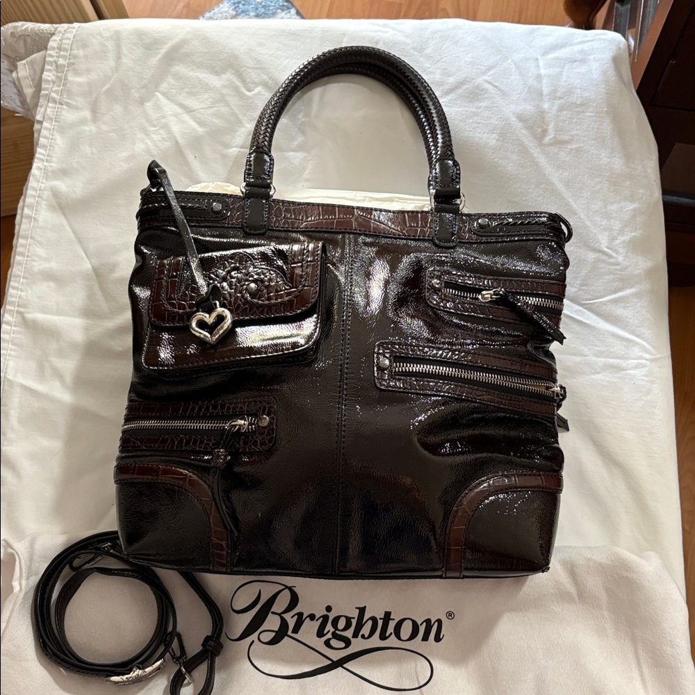 Brighton glossy dark brown patent leather multi-zip pockets tote